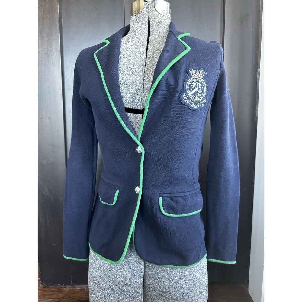 Lauren Ralph Lauren Navy Knit Embroidered Blazer Jacket Size XSBadge Crest Lions